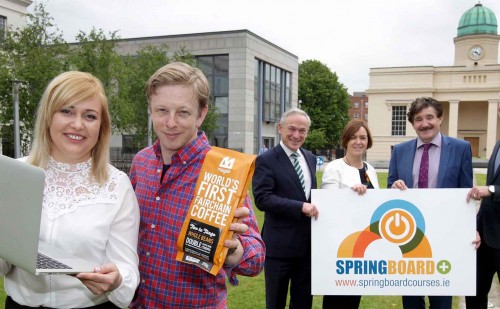 Pictured at the launch of Springboard+ 2017 at the Dept of Education, were, from right, Dr Graham Love, CEO, Higher Education Authority, Minister of State for Training, Skills and Innovation, John Halligan TD, Dr Vivienne Patterson, Head of Statistics, Higher Education Authority, Minister for Education and Skills, Richard Bruton TD, and Springboard+ graduates Killian Stokes and Oxana Sereda.