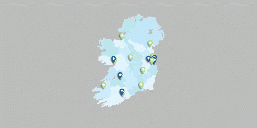 Map of Ireland with points marked out in various counties