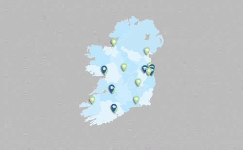 Map of Ireland with points marked out in various counties