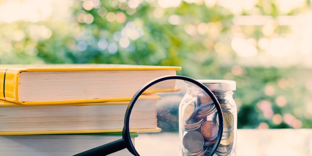 Books and money coins in the glass jar zoomed by the magnifying glass on blurred natural green background