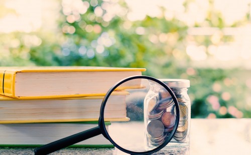 Books and money coins in the glass jar zoomed by the magnifying glass on blurred natural green background