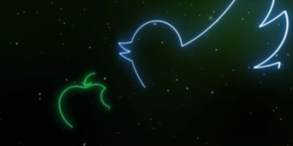 Two glowing lines trace the outline of the twitter logo and the apple mac logo on a dark background