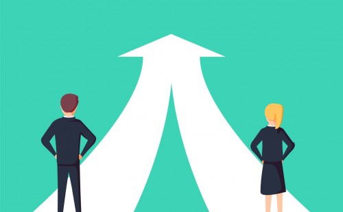 An illustrated graphic showing a man and a woman that stand at two difference roads that diverge into one.