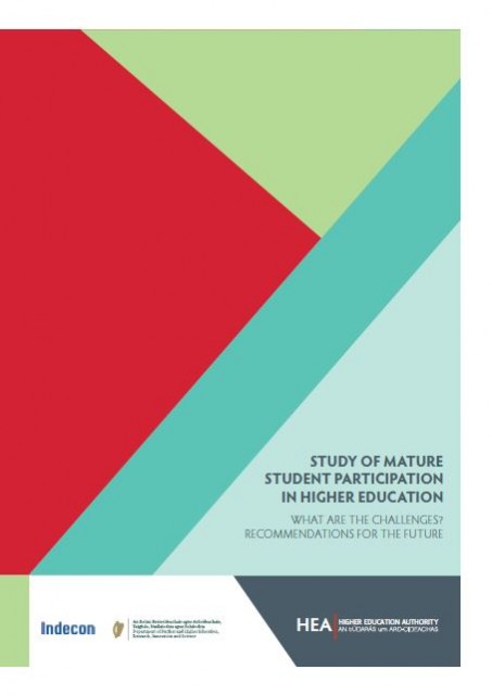 Cover for the Study of Mature Student Participation in Higher Education with the Indecon logo, government logo, and HEA logo.