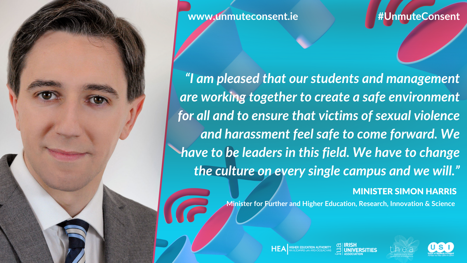 Headshot of Simon Harris next to a quote in support of the #Unmute Consent campaign