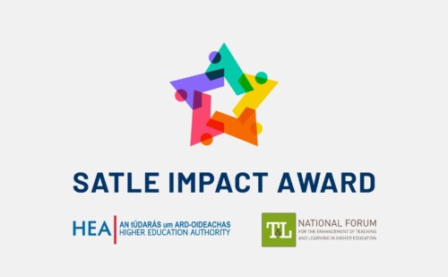 image of a star and SATLE impact award text. Image of HEA logo and Teaching and learning logo