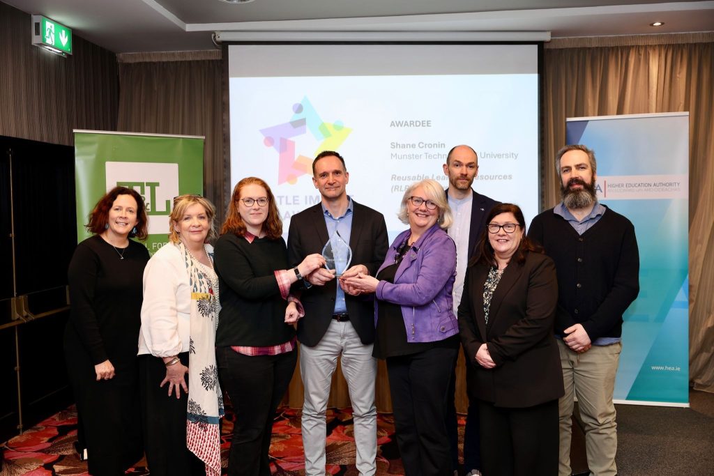 The Reusable Learning Resources (RLR) team, Munster Technological University holding their award at the National Teaching and Learning Awards ceremony at the Aisling Hotel, Dublin