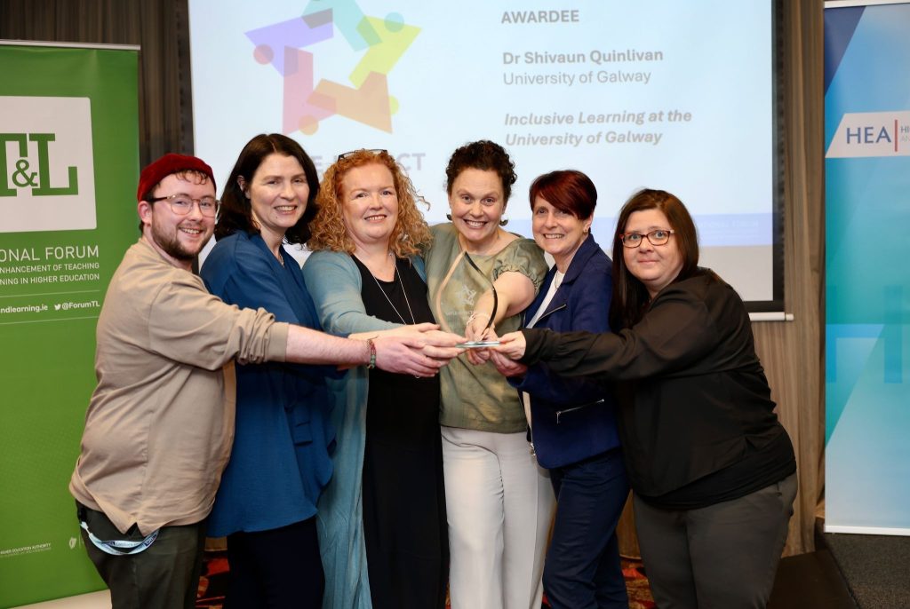 The Inclusive Learning at NUI Galway team, University of Galway holding their award at the National Teaching and Learning Awards.