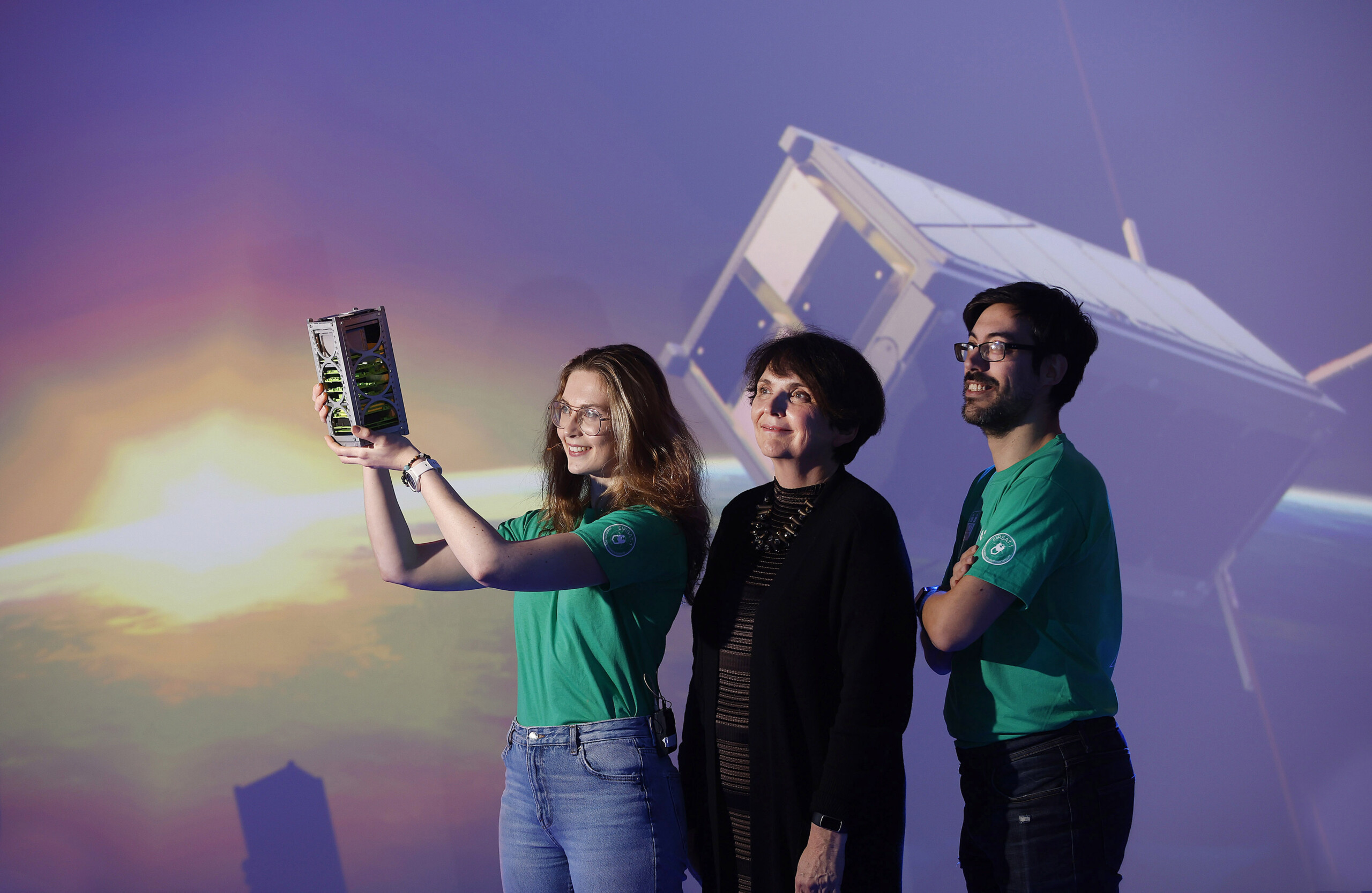 Pictured at a UCD event to mark the launch of the EIRSAT-1, Ireland's first satellite which is due to launch this evening on the Space X Falcon 9 rocket from Vandenburg Air Force Base in California are UCD President, Professor Orla Feely, Laura Cotter and Antonio Martin-Carrillo (both EIRSAT-1 team members)