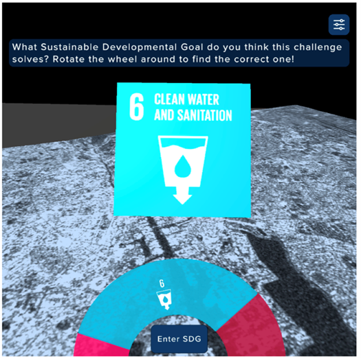 Figure 3: Example of the SatelliteSkill5 app interface teaching students about the SDGs using satellite data and a water quality challenge in Dublin Bay