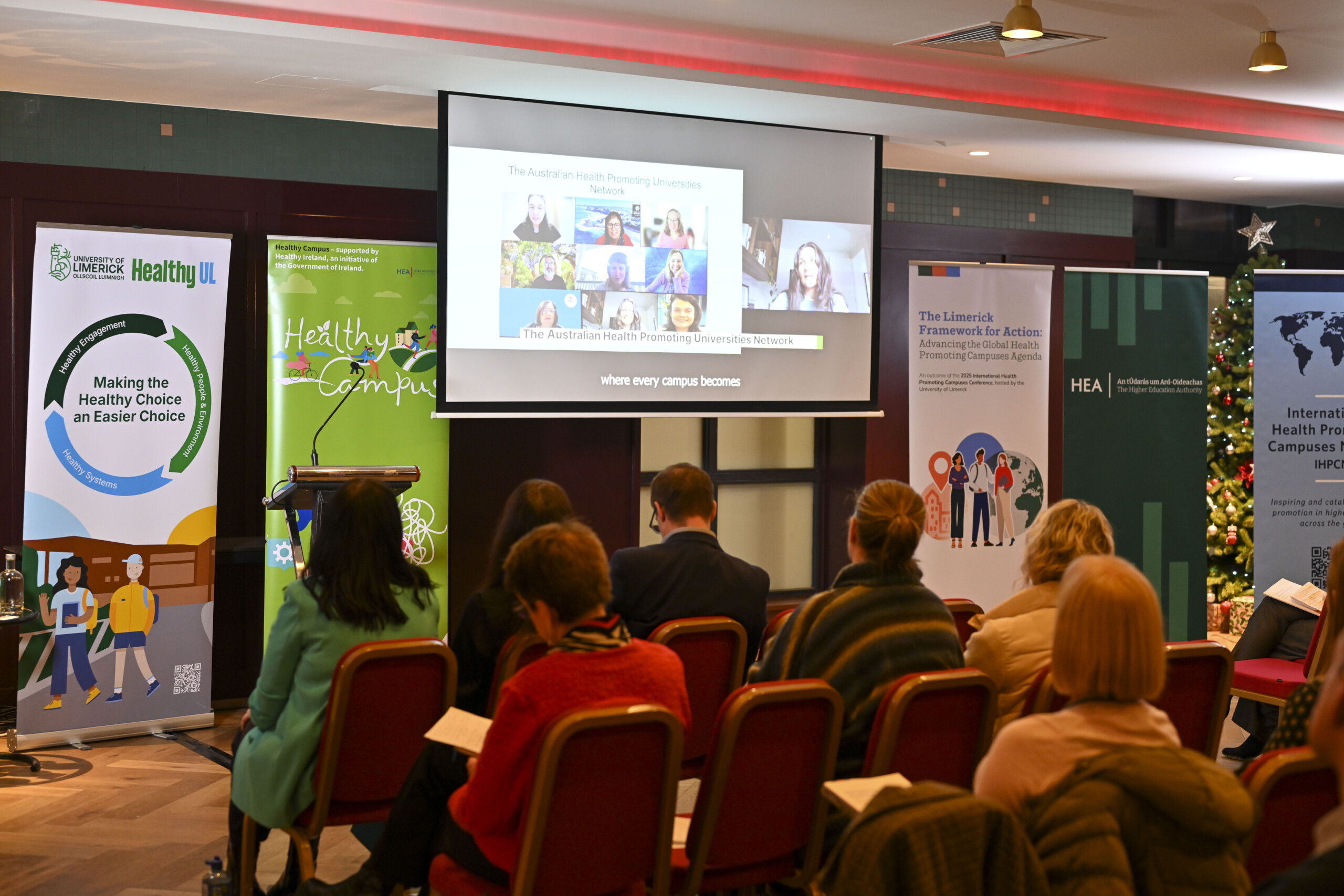 Group of people looking at a presentation at the launch of the Limerick Framework for Action